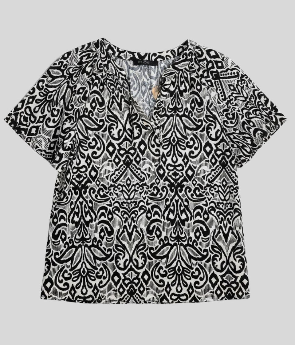 Black Tie Neck Printed Short Sleeve Top
