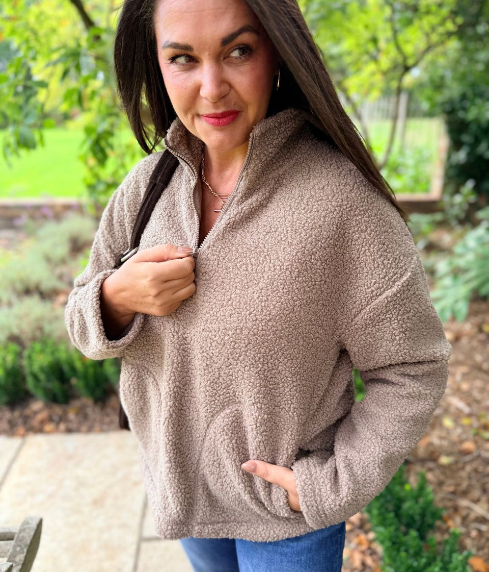 Taupe 1/4 Zip Borg Fleece Top