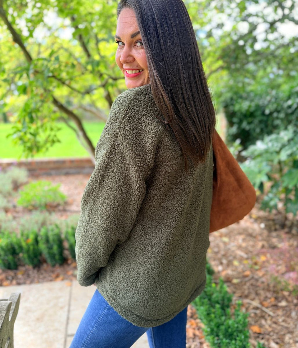 Khaki 1/4 Zip Borg Fleece Top