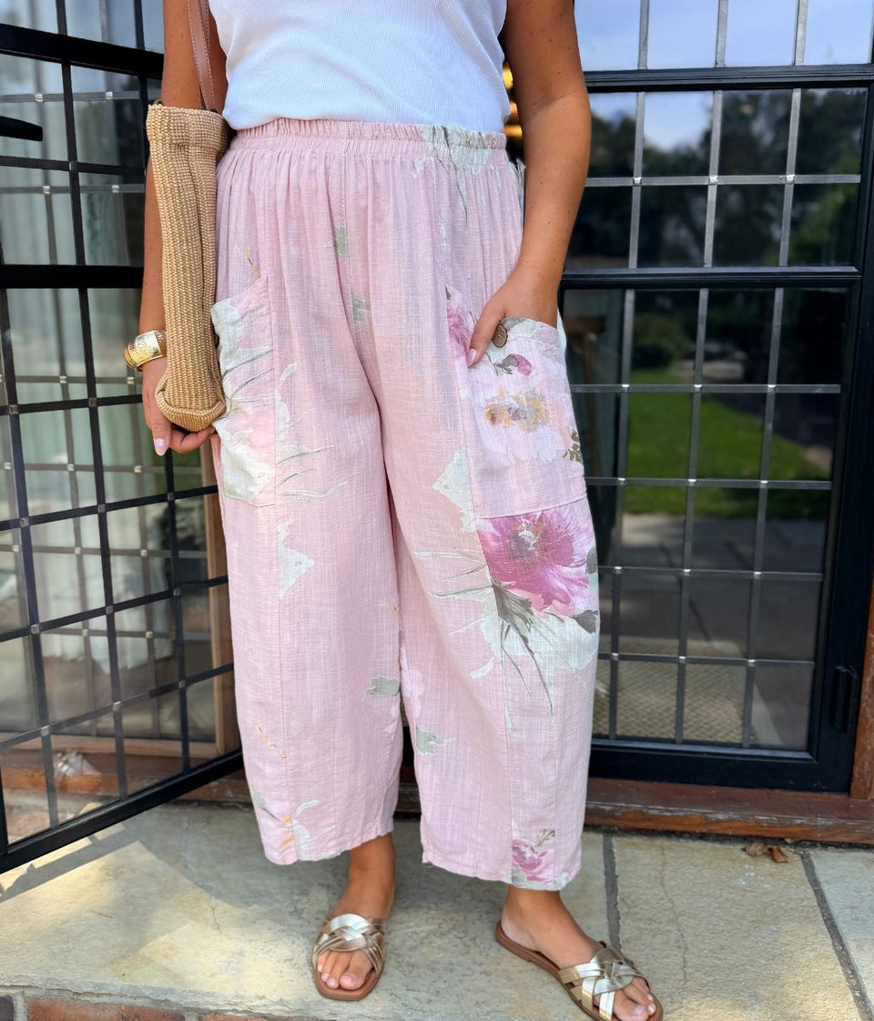 Blush Floral Cotton Barrel Leg Trousers