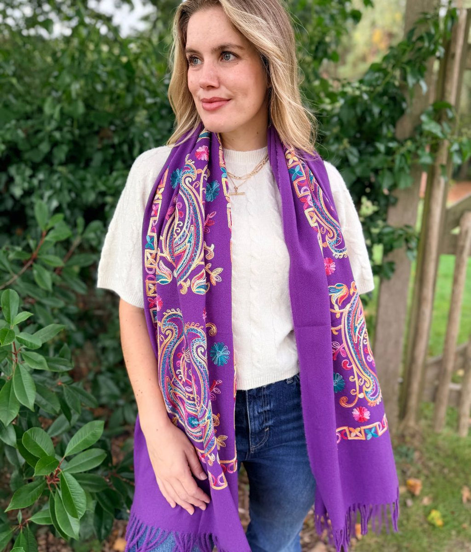 Purple Embroidered Cashmere Blend Scarf