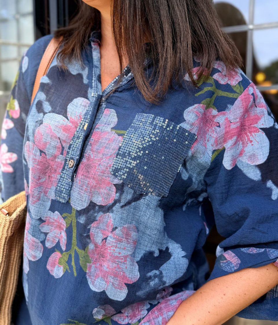 Navy Floral Sequin Pocket Roll Sleeve Top