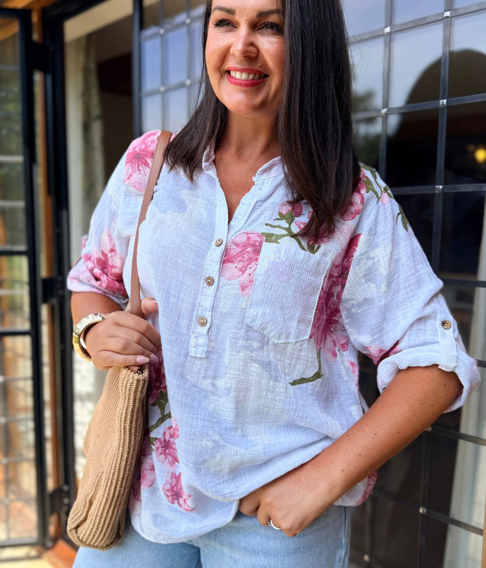 White Floral Sequin Pocket Roll Sleeve Top
