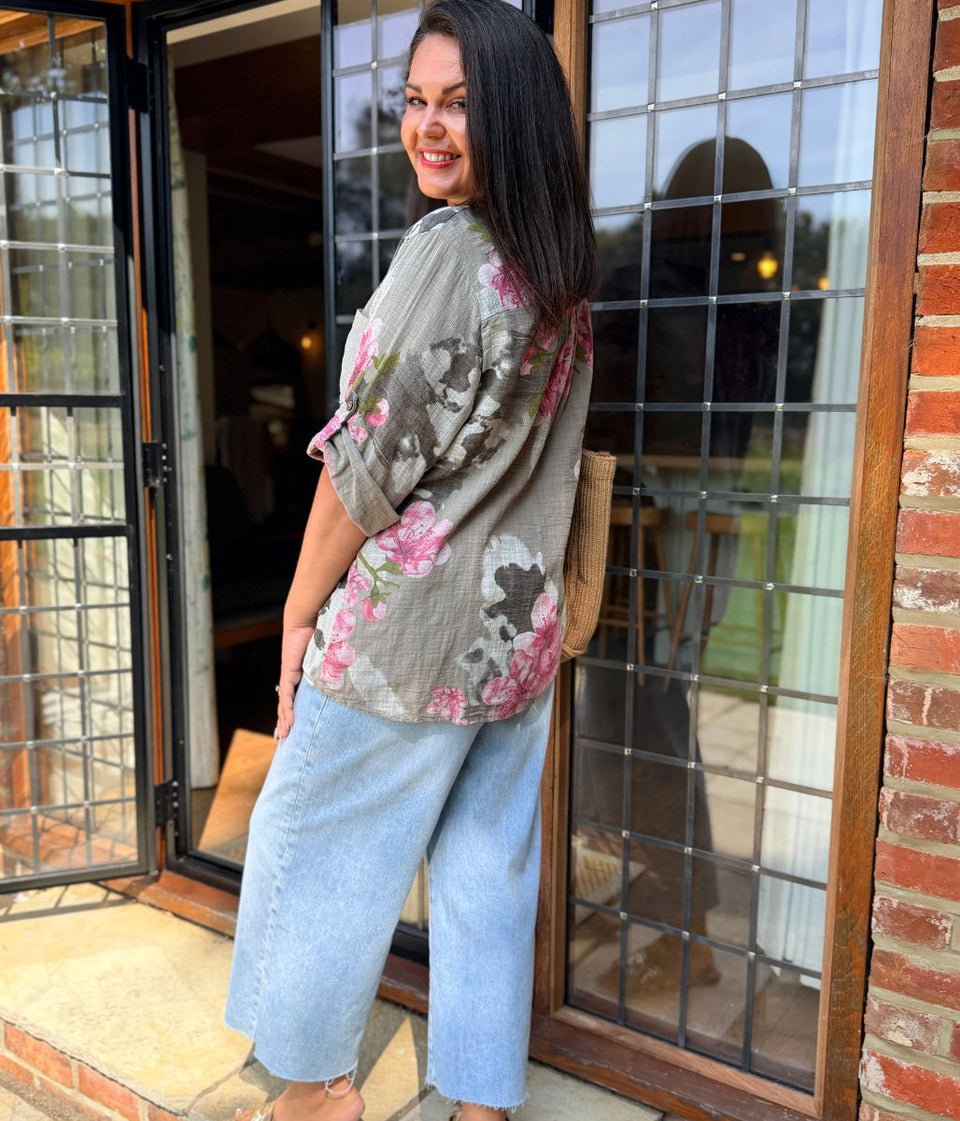 Mocha Floral Sequin Pocket Roll Sleeve Top