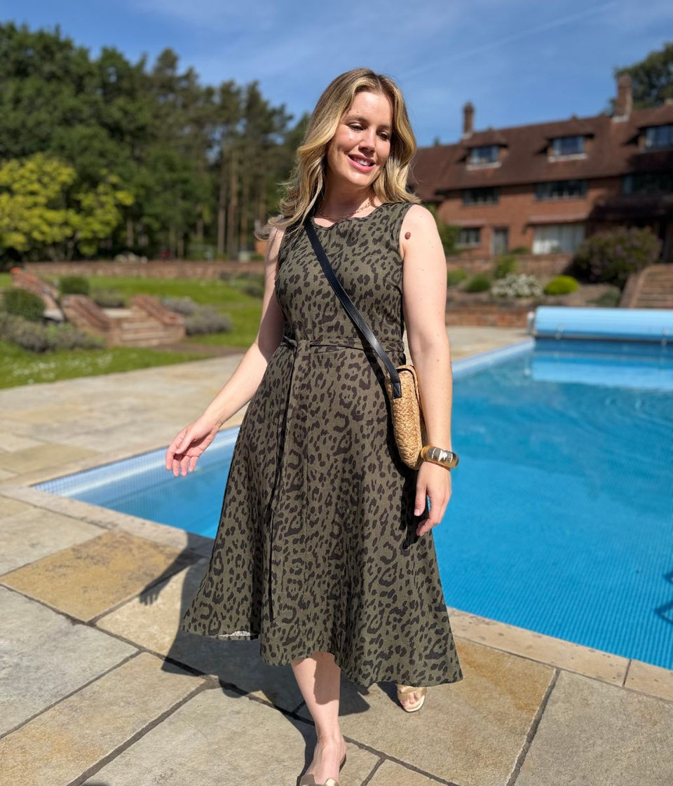 Green Animal Print Sleeveless Belted Linen Blend Midi Dress