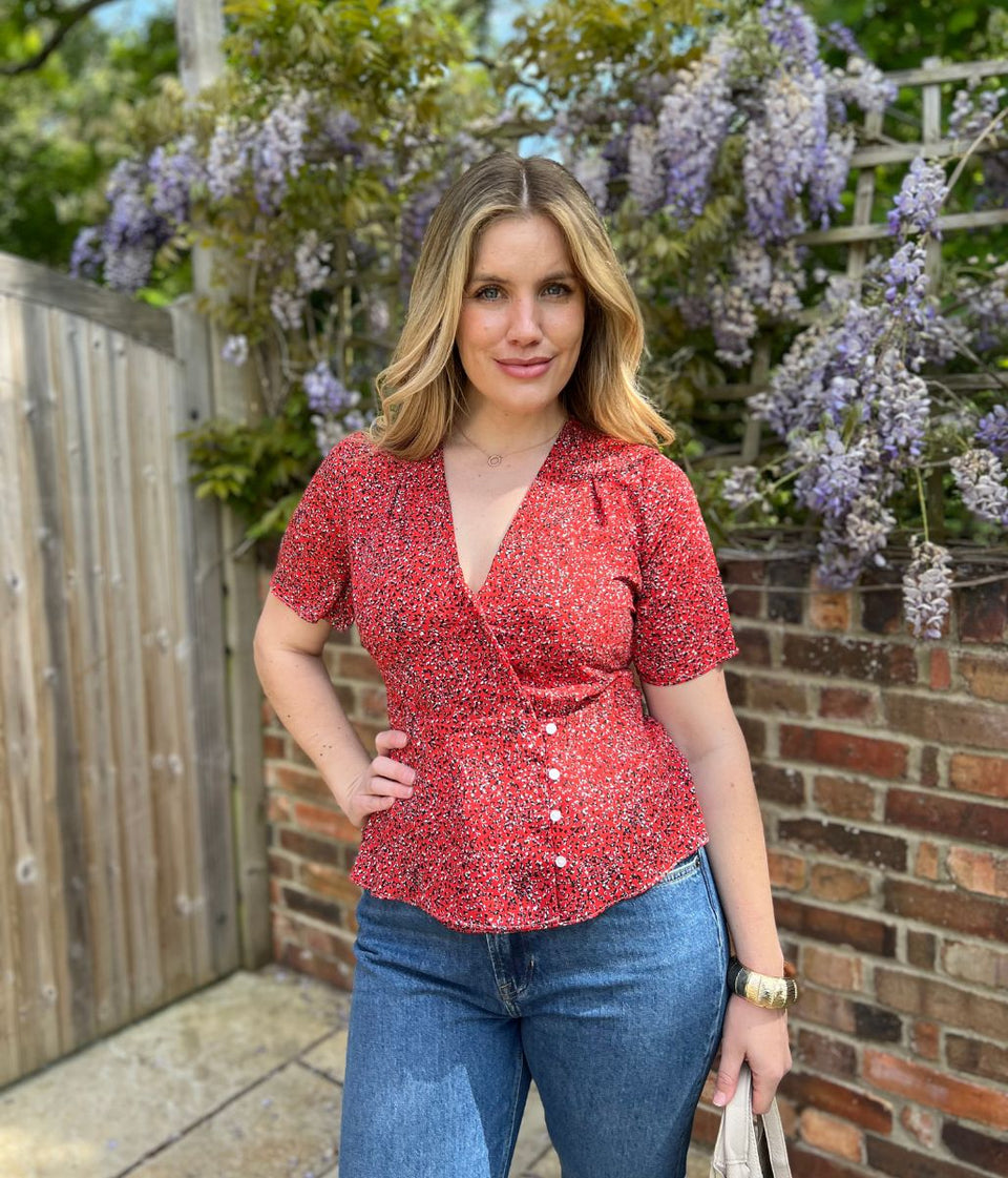 Red Ditsy Print Wrap Blouse