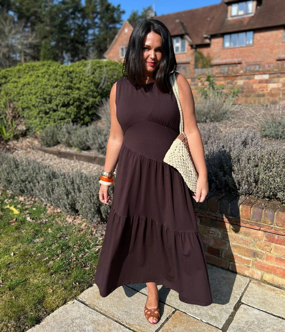 Brown Premium Asymmetric Sleeveless Jersey Dress