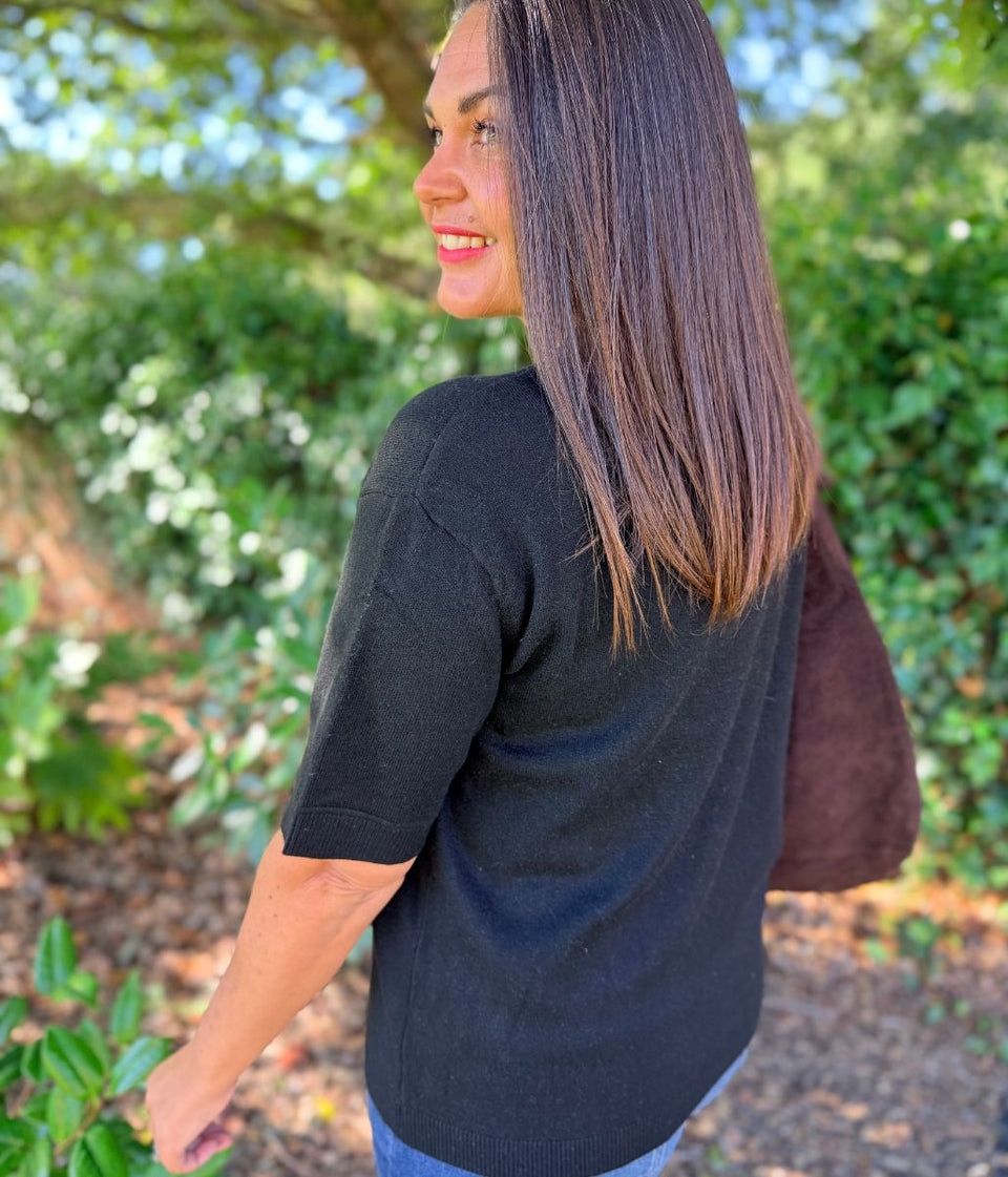 Black Air Yarn Short Sleeve Crew Neck Jumper
