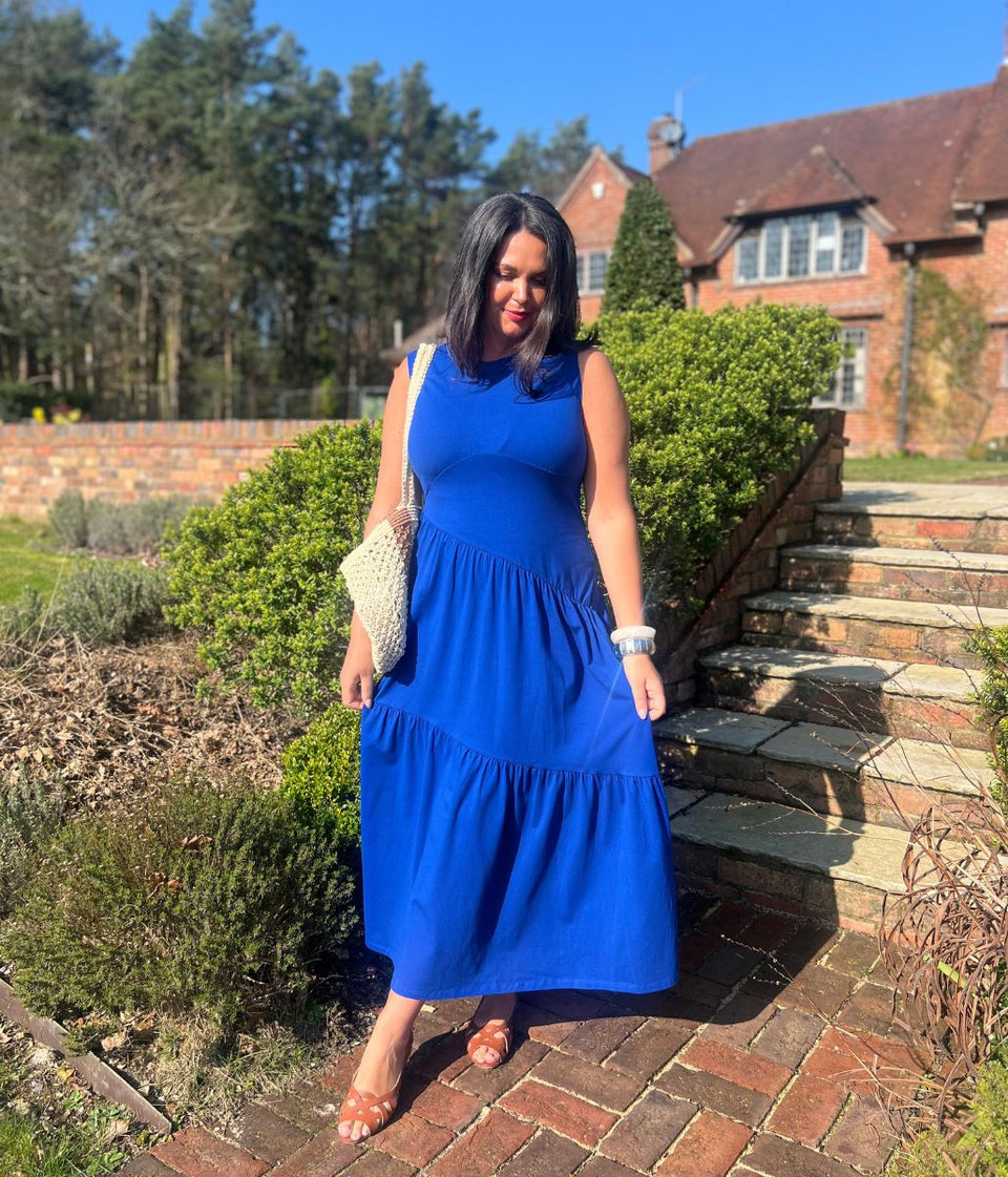 Blue Premium Asymmetric Sleeveless Jersey Dress