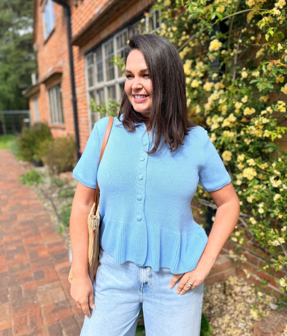 Blue Collared Short Sleeve Peplum Cardigan