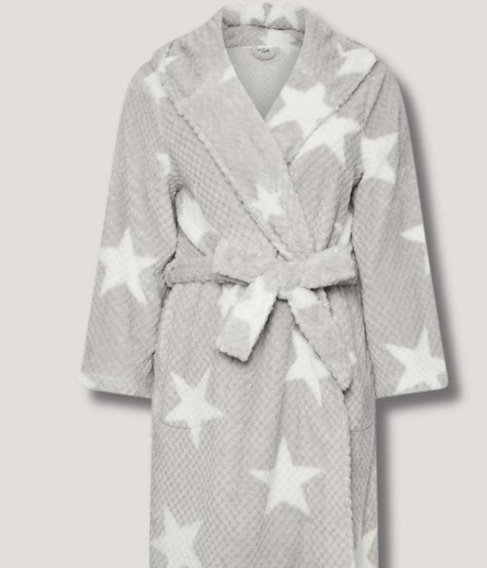 Grey Cosy Star Print Hooded Dressing Gown