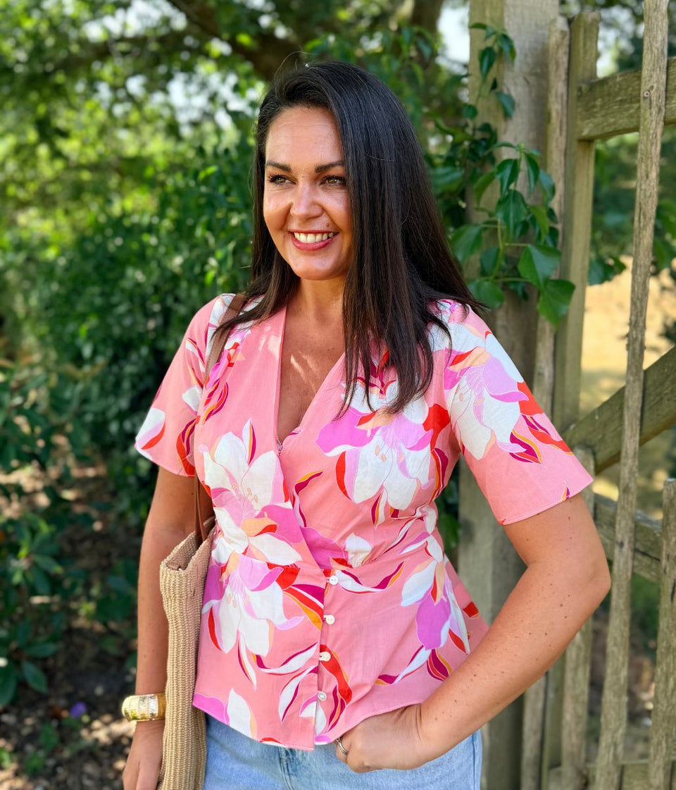 Pink Floral Print Wrap Blouse