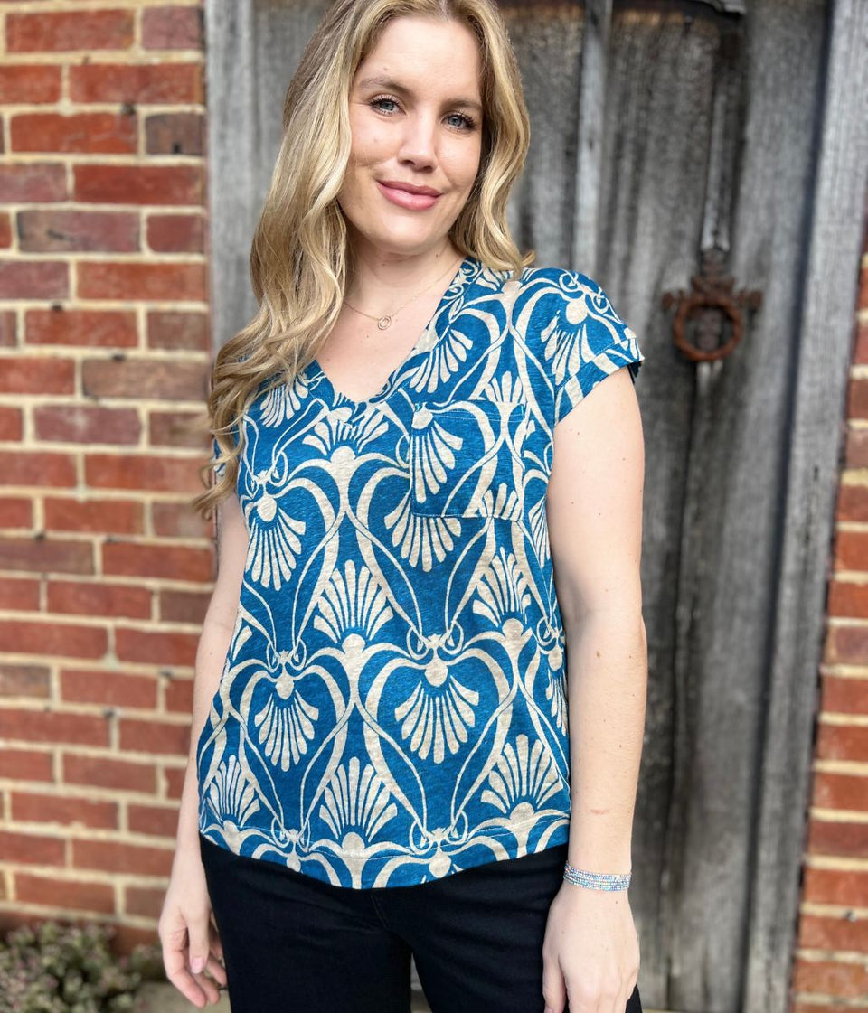 Iris Blue Printed Linen Top