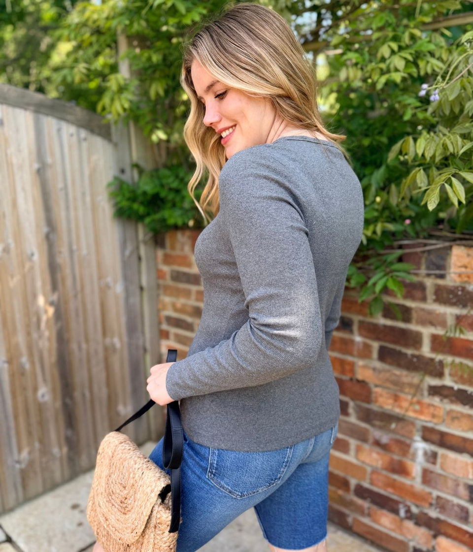 Grey Cotton Rich Ribbed V Neck Top