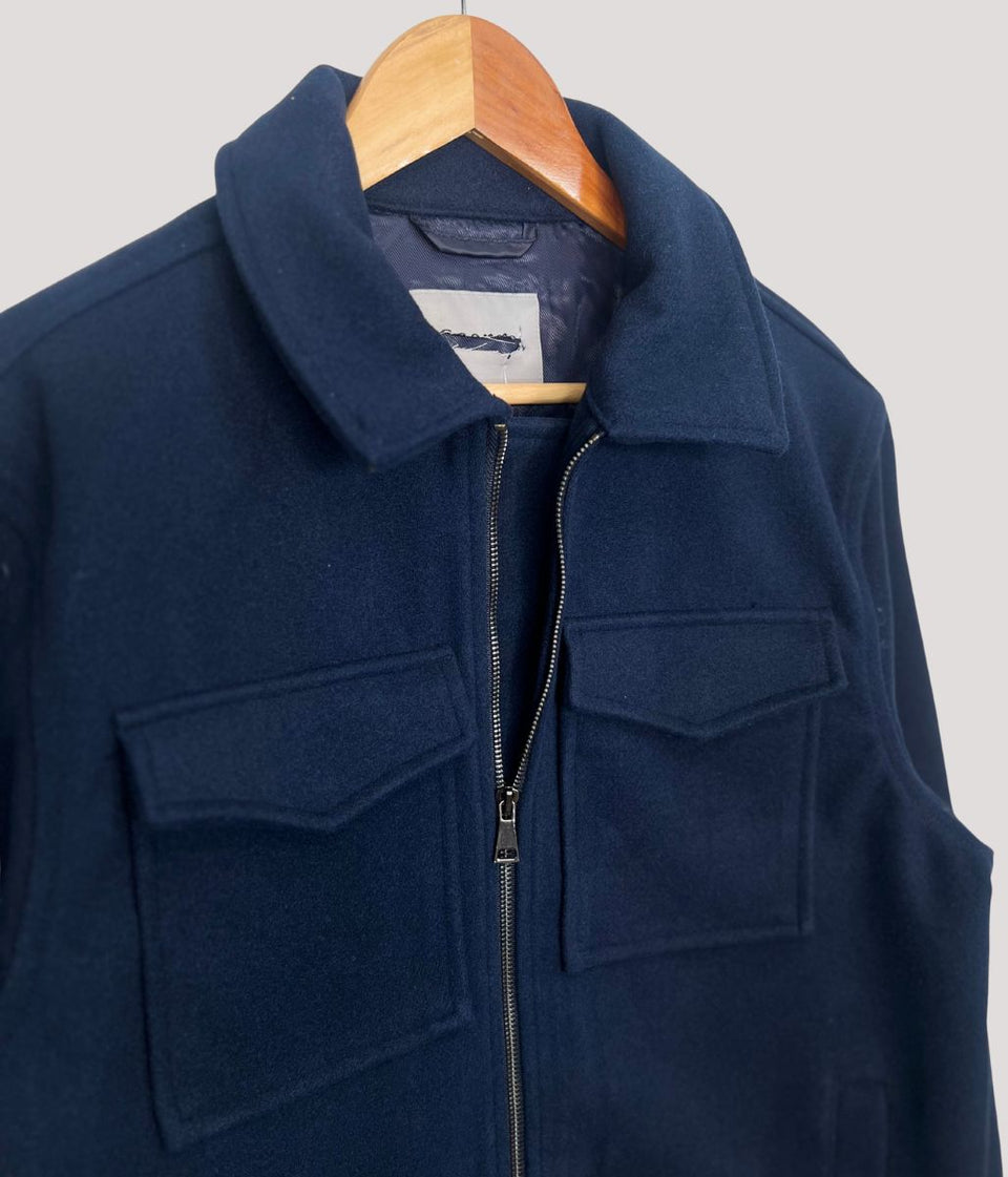 Mens Patch Pocket Zip Through Collared Navy Blue Jacket