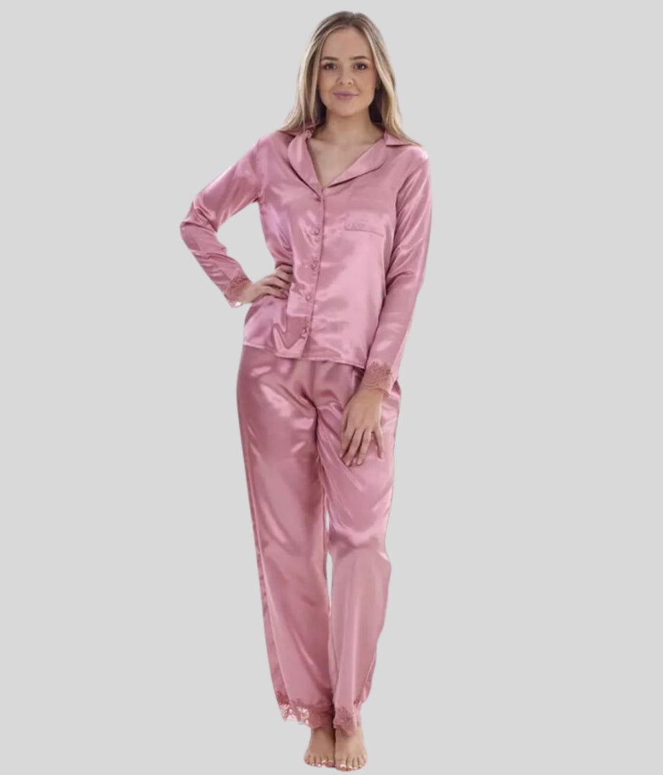 Pink Lace Trim Satin Pyjamas