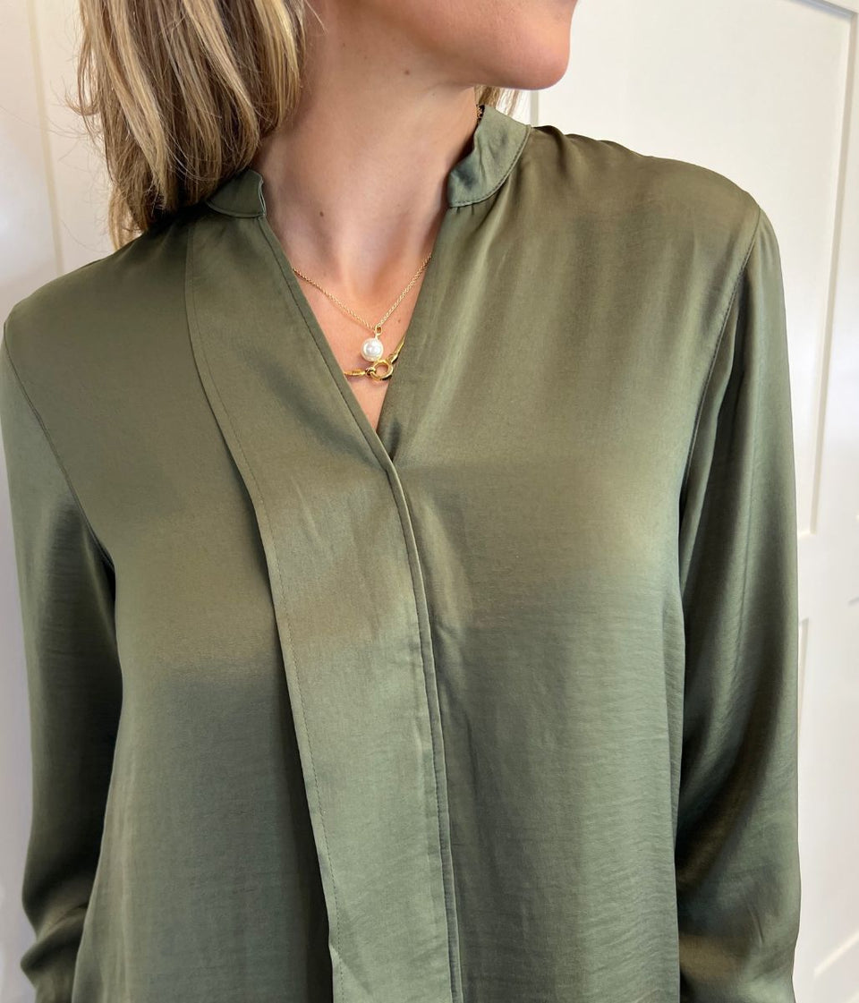 Khaki Satin Look Popover Blouse