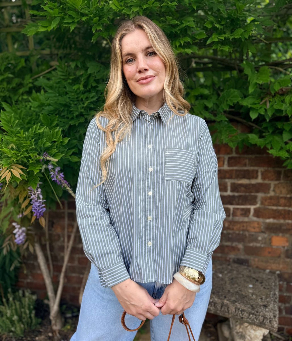 Khaki Striped Relaxed Cotton Poplin Shirt