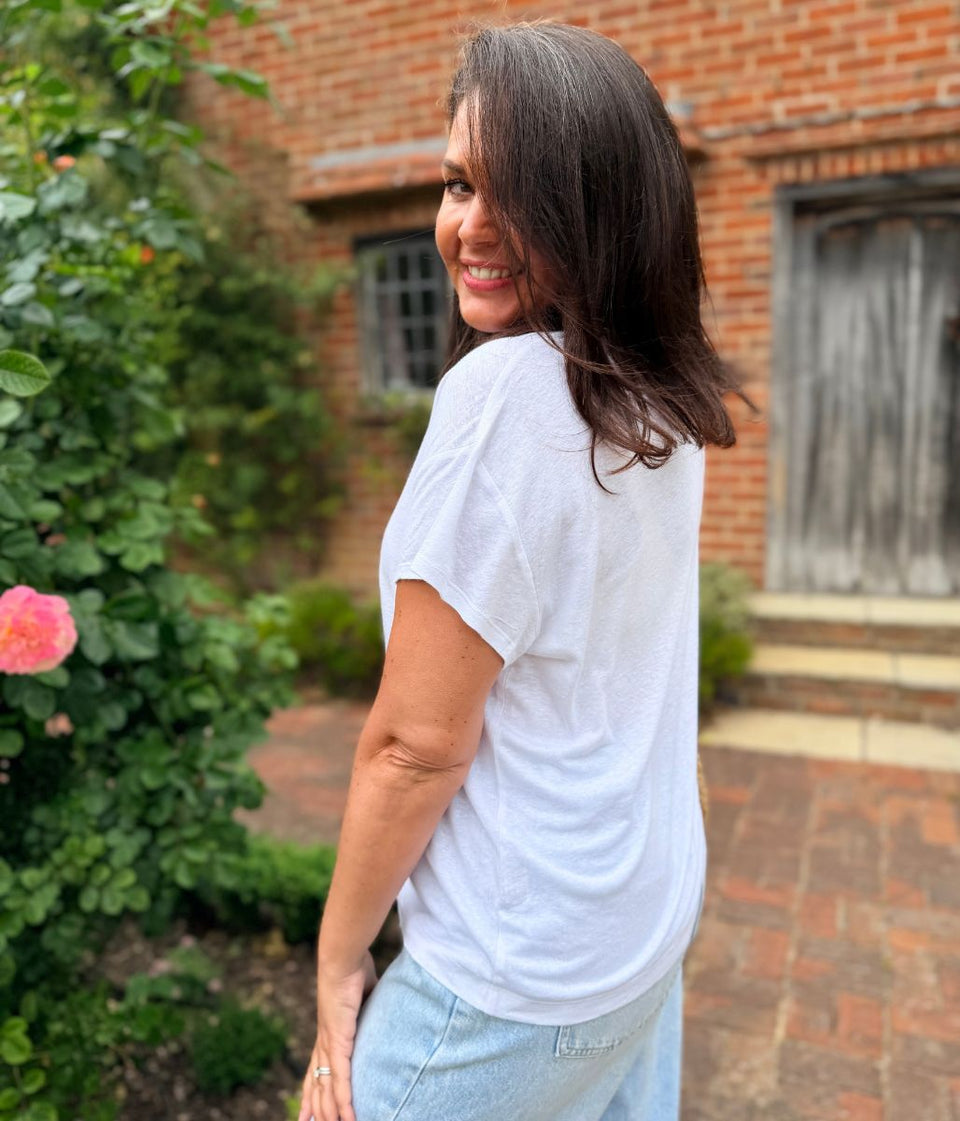 White Crew Neck Linen Blend Tee