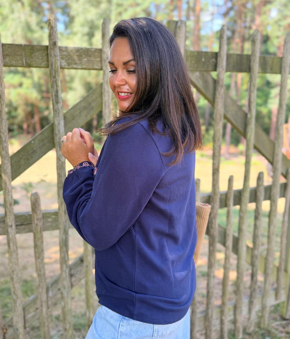 Navy Embroidered Notch Neck Top