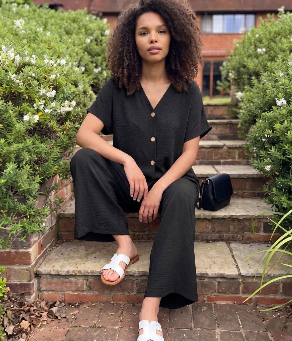 Black Button Through Shirt & Wide Leg Trouser Set