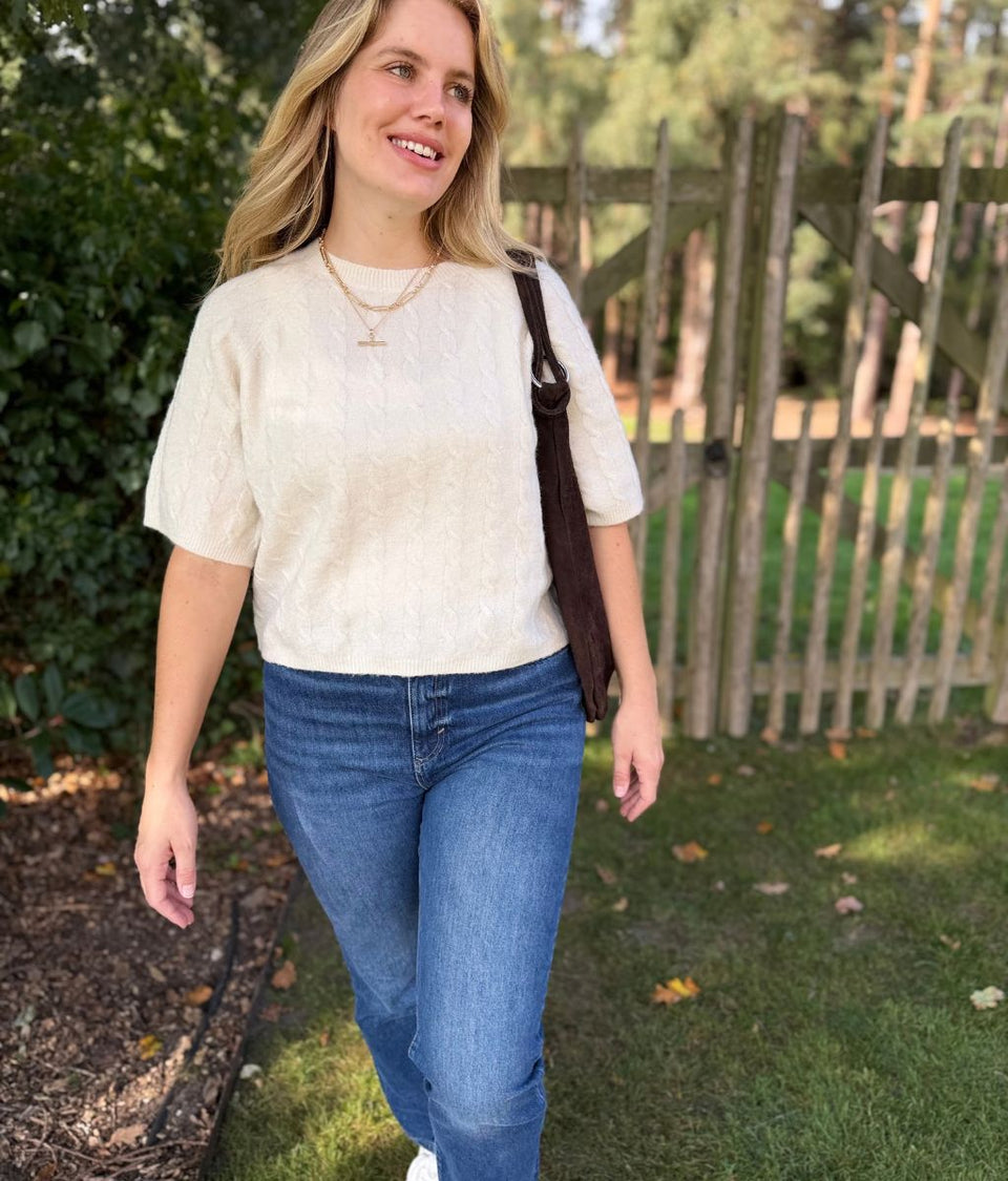 Ivory Cable Knit Short Sleeve Jumper