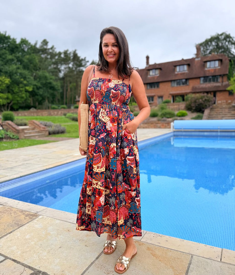 Navy Malta Shirred Midi Dress