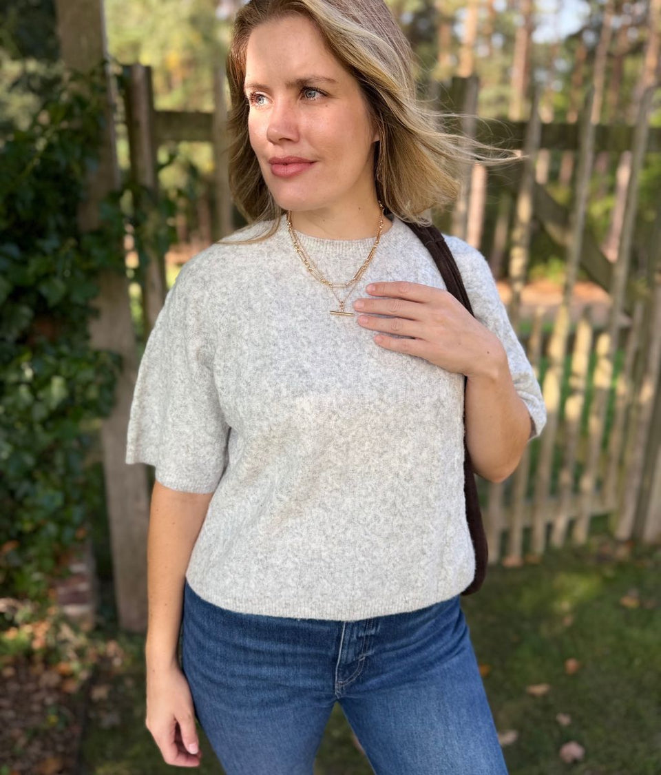 Light Grey Cable Knit Short Sleeve Jumper