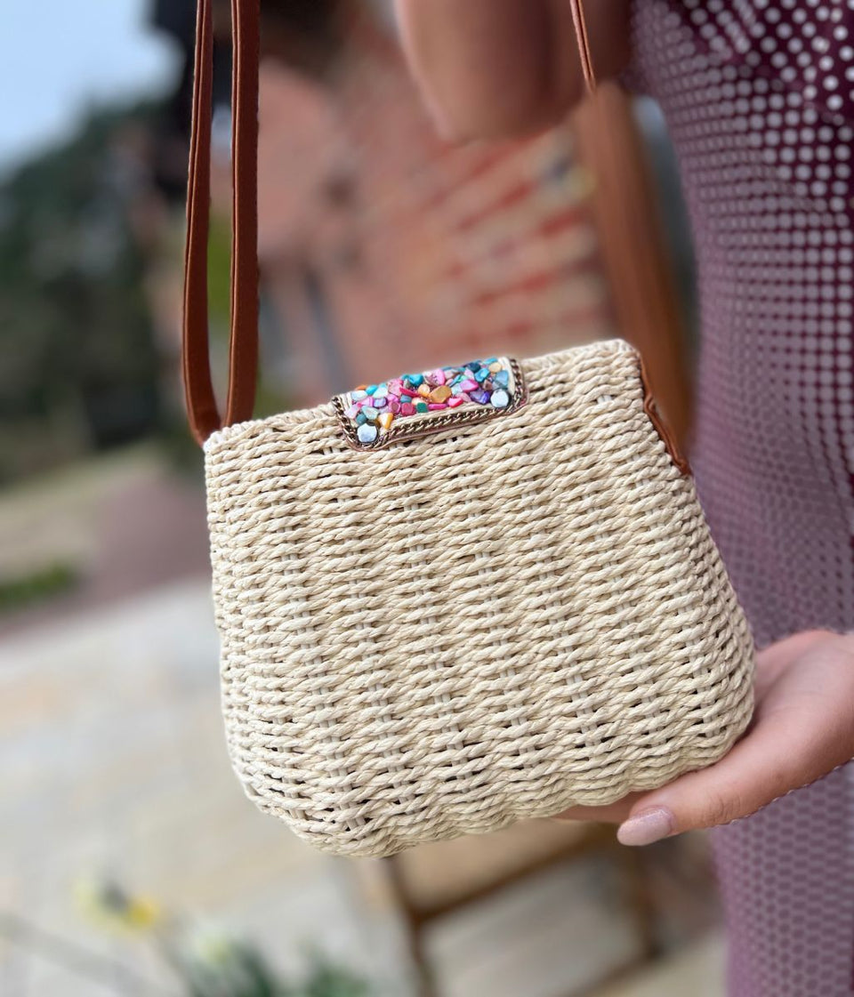 Natural Jessica Raffia Beaded Basket Weave Bag