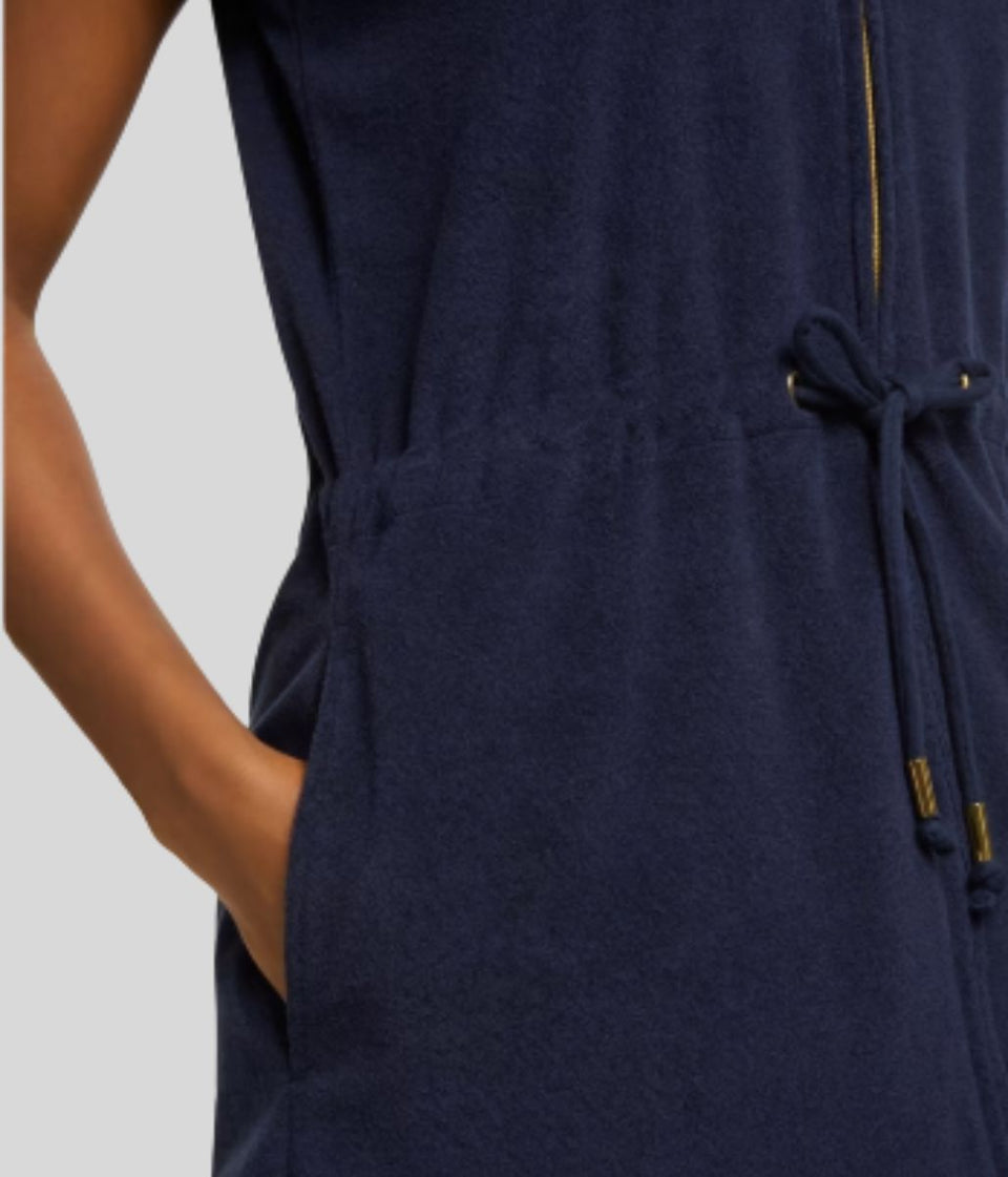 Navy Zip Front Towelling Beach Midi Dress