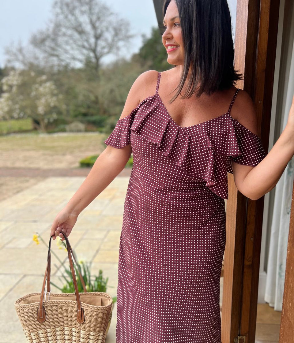 Brown Polka Dot Ruffle Midi Dress