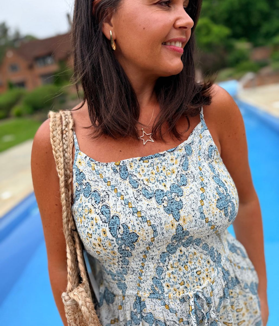 Tangier Blue Shirred Jumpsuit