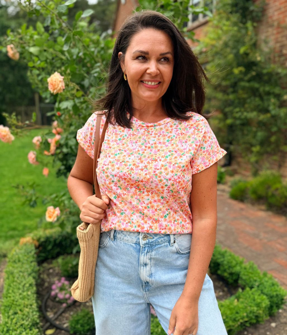 Peach Flower Print Cap Sleeve Top