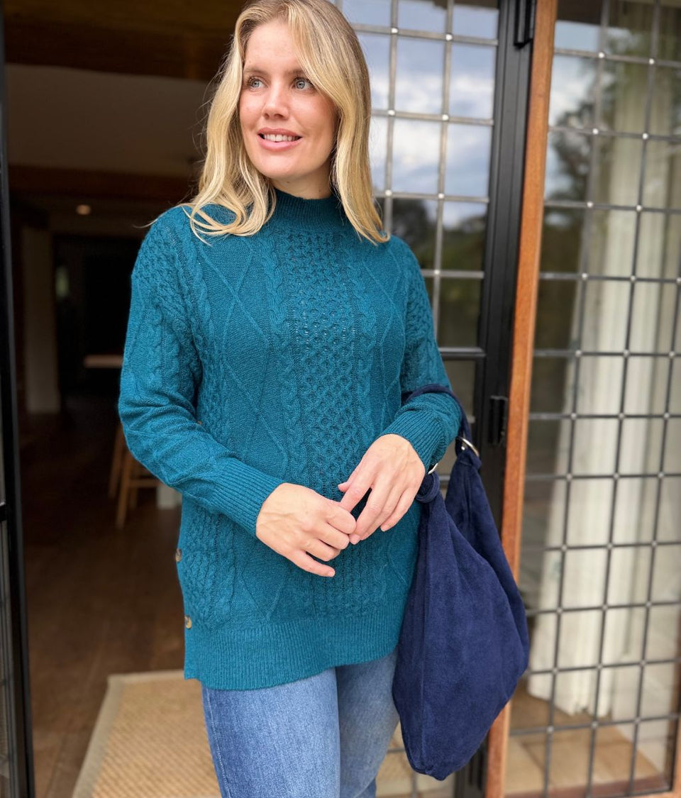 Teal Side Button Textured Knit Jumper