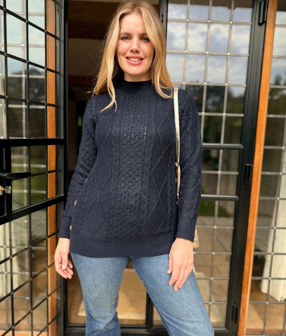 Navy Side Button Textured Knit Jumper