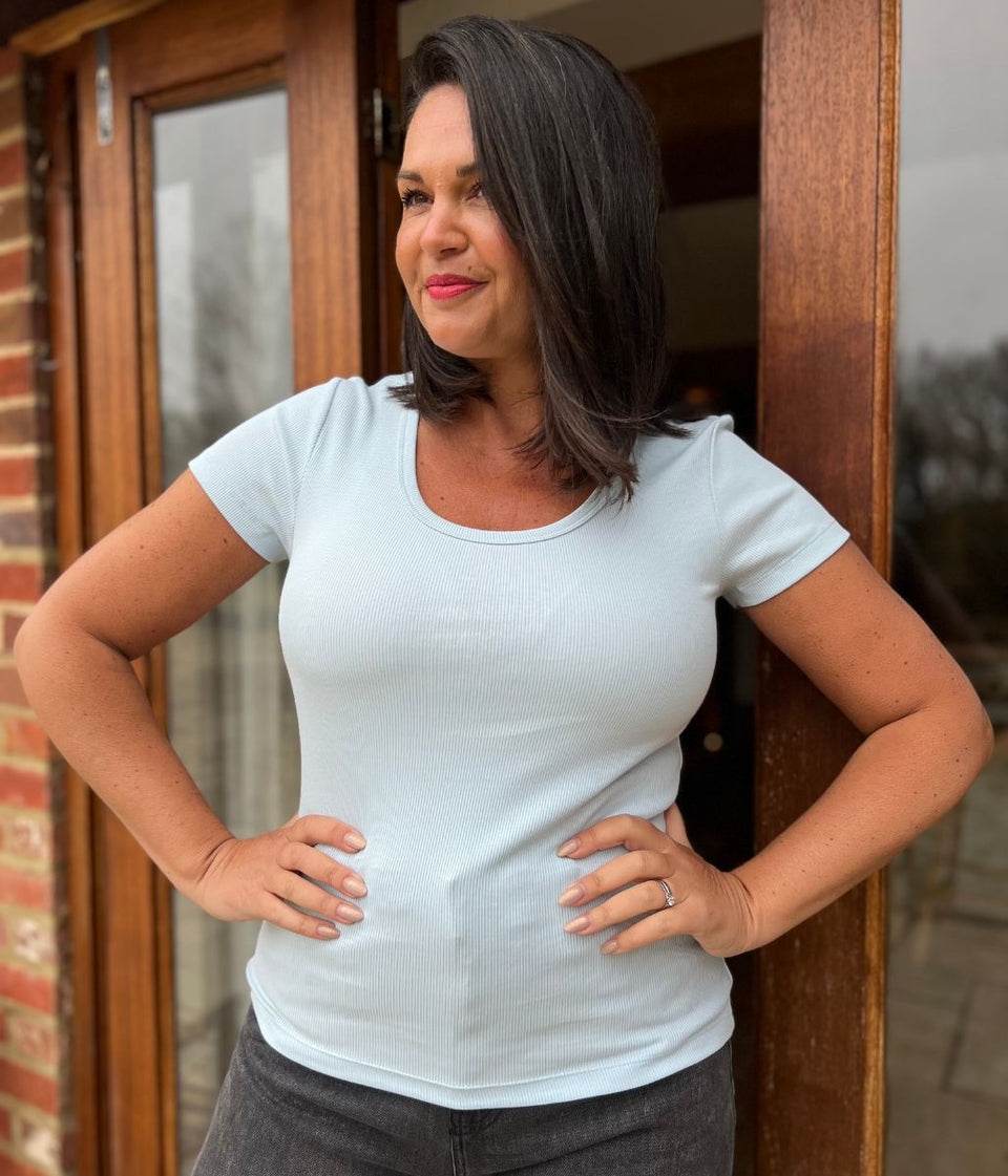 Ice Blue Ribbed Scoop Neck T Shirt