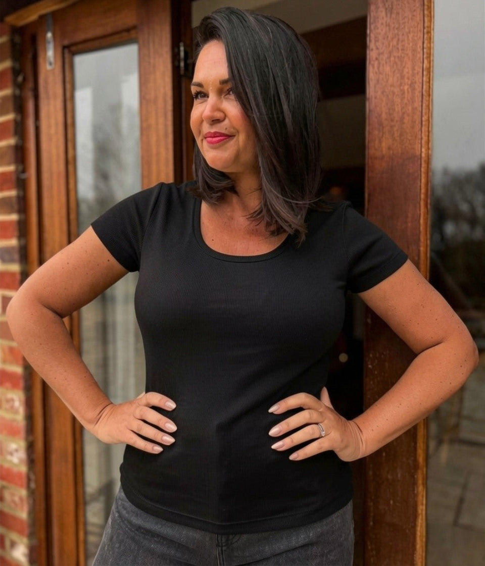 Black Ribbed Scoop Neck T Shirt