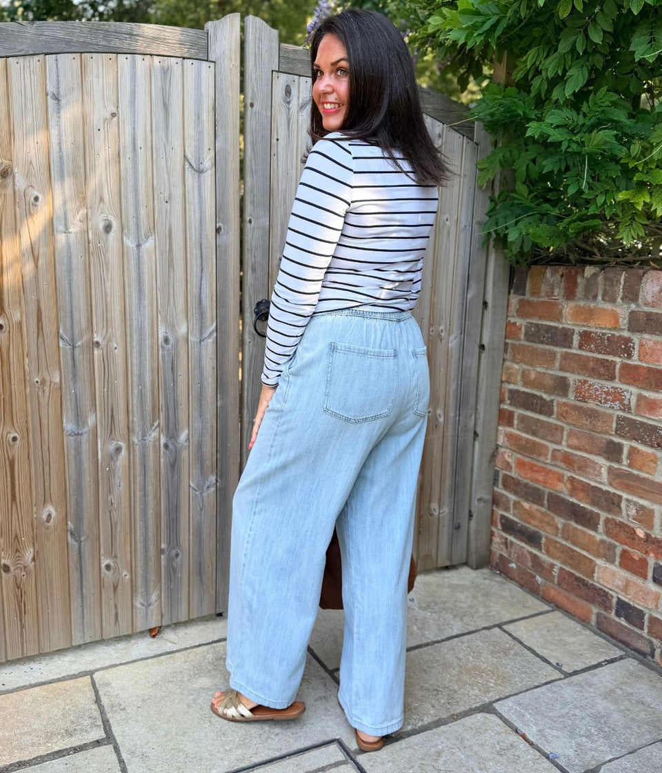 Light Blue Cotton Rich Drawstring Wide Leg Trousers