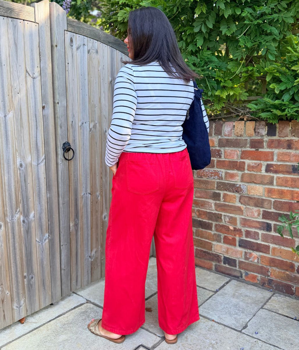 Red Cotton Rich Drawstring Wide Leg Trousers