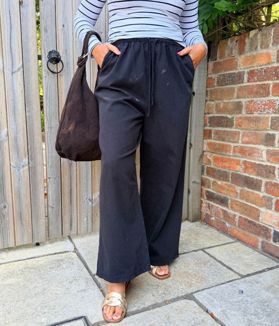 Black Cotton Rich Drawstring Wide Leg Trousers