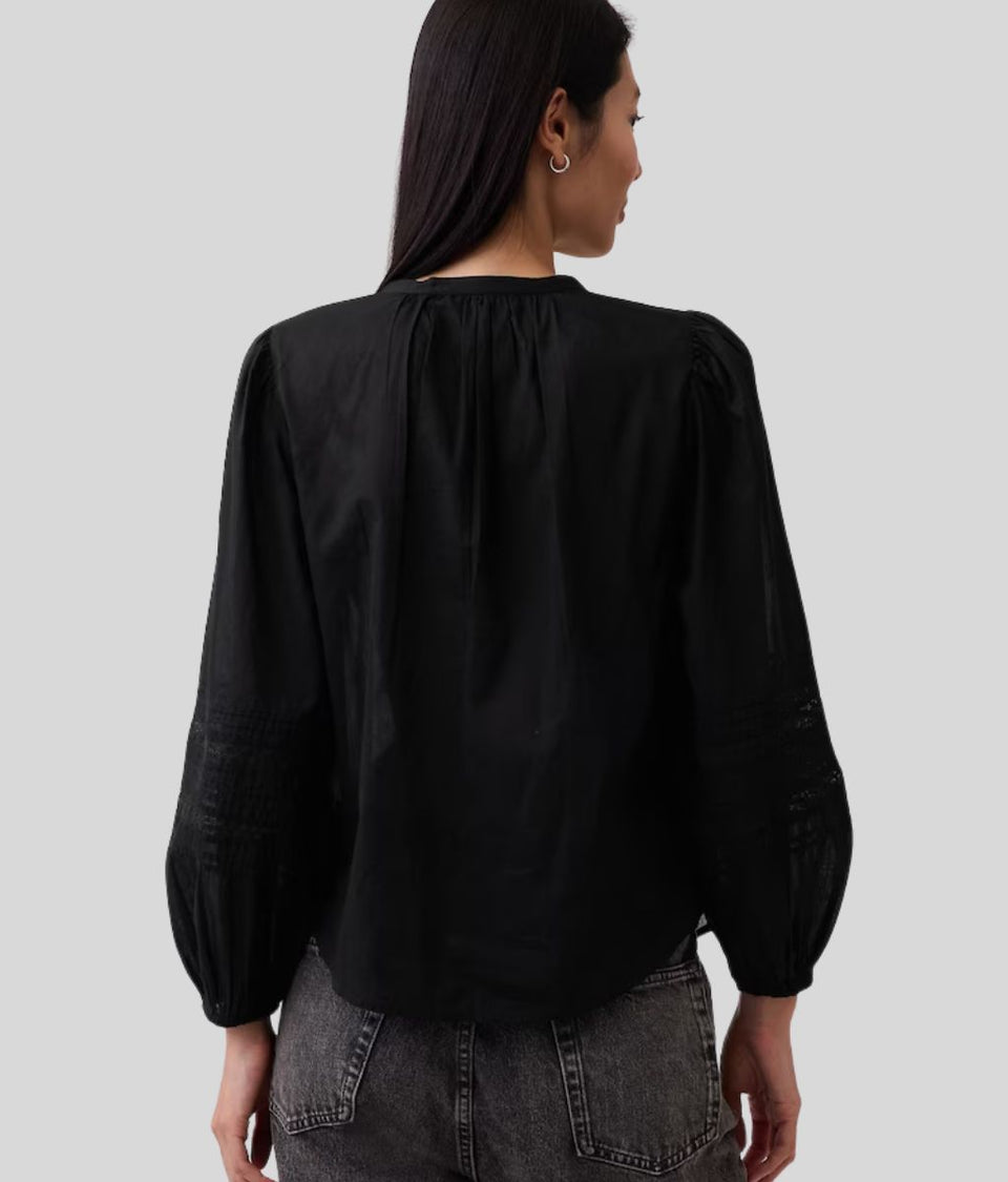 Black Pintuck Lace Trim Blouse