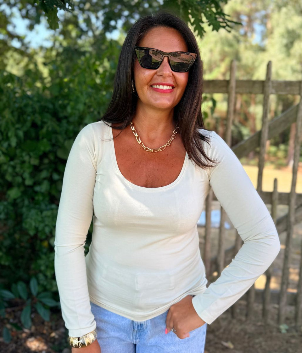 Cream Scoop Neck Long Sleeve Top