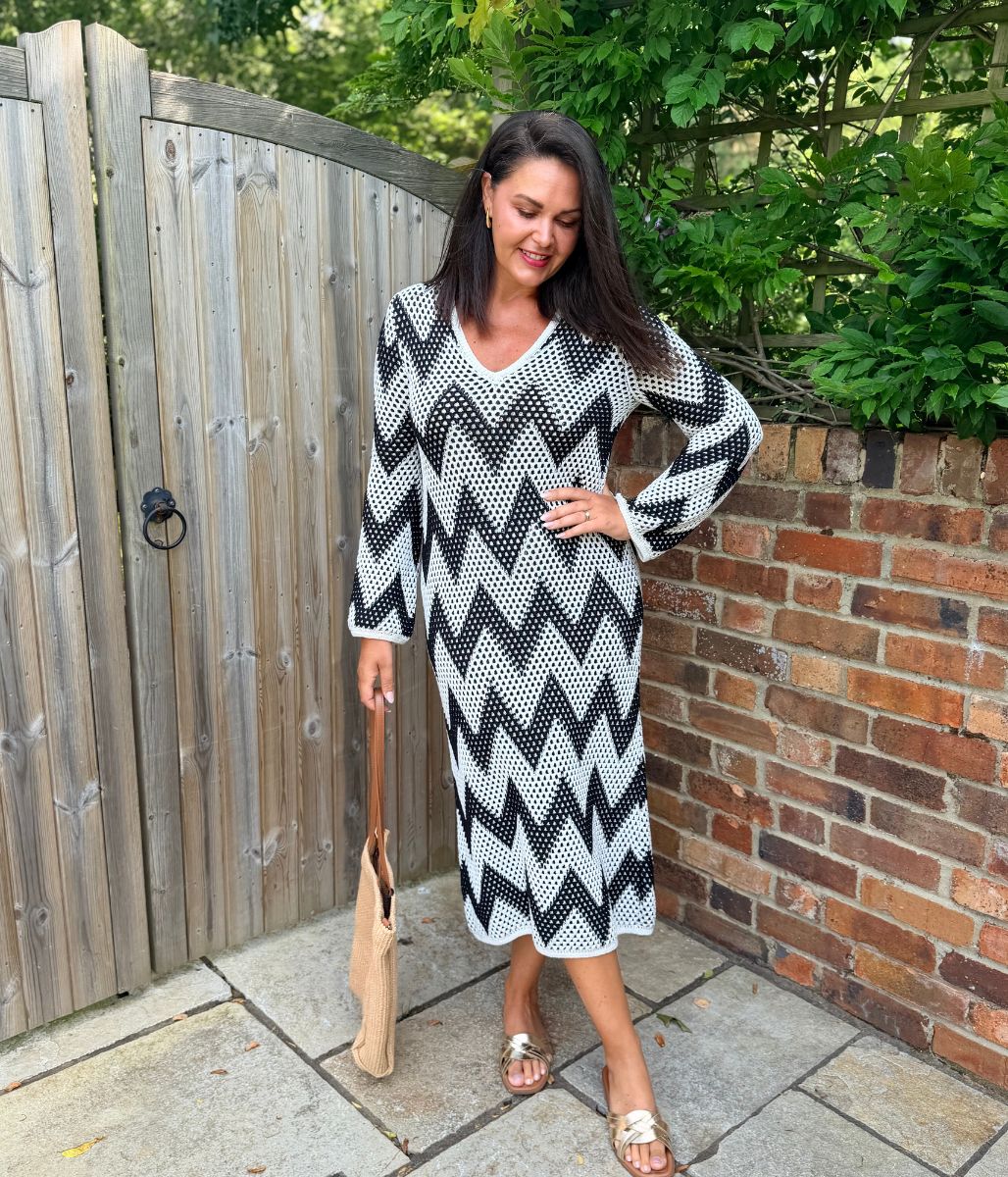 Monochrome Zig Zag Crochet Style Dress