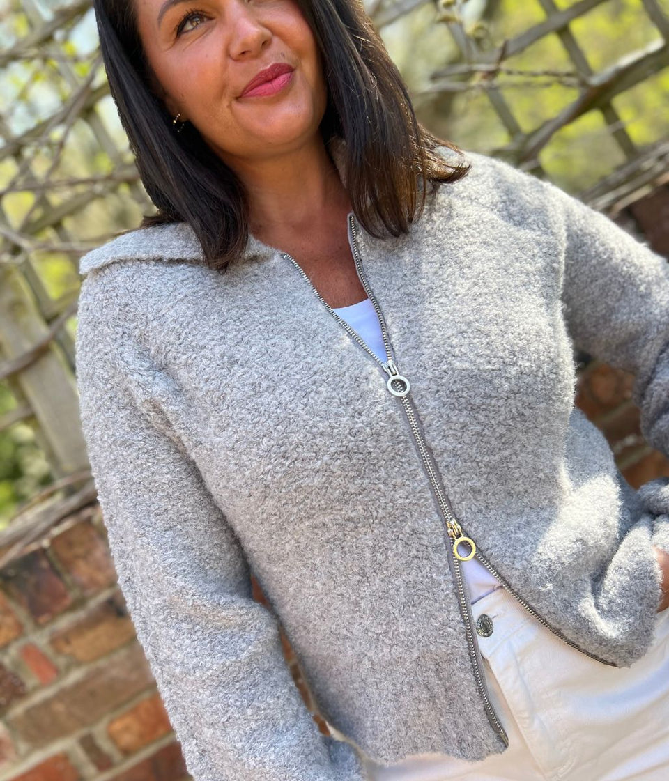 Grey Boucle Wool Blend Zip Up Jumper