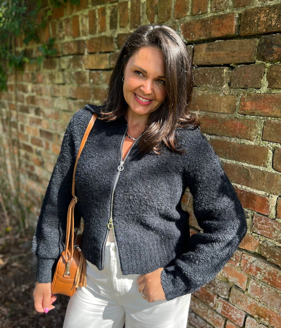 Navy Boucle Wool Blend Zip Up Jumper