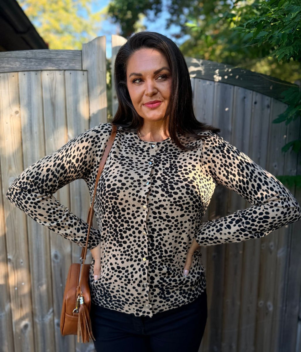 Camel Black Spotted Crew Neck Cardigan