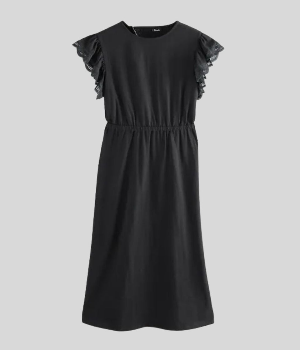 Black Broderie Frill Sleeve Cotton Jersey Dress