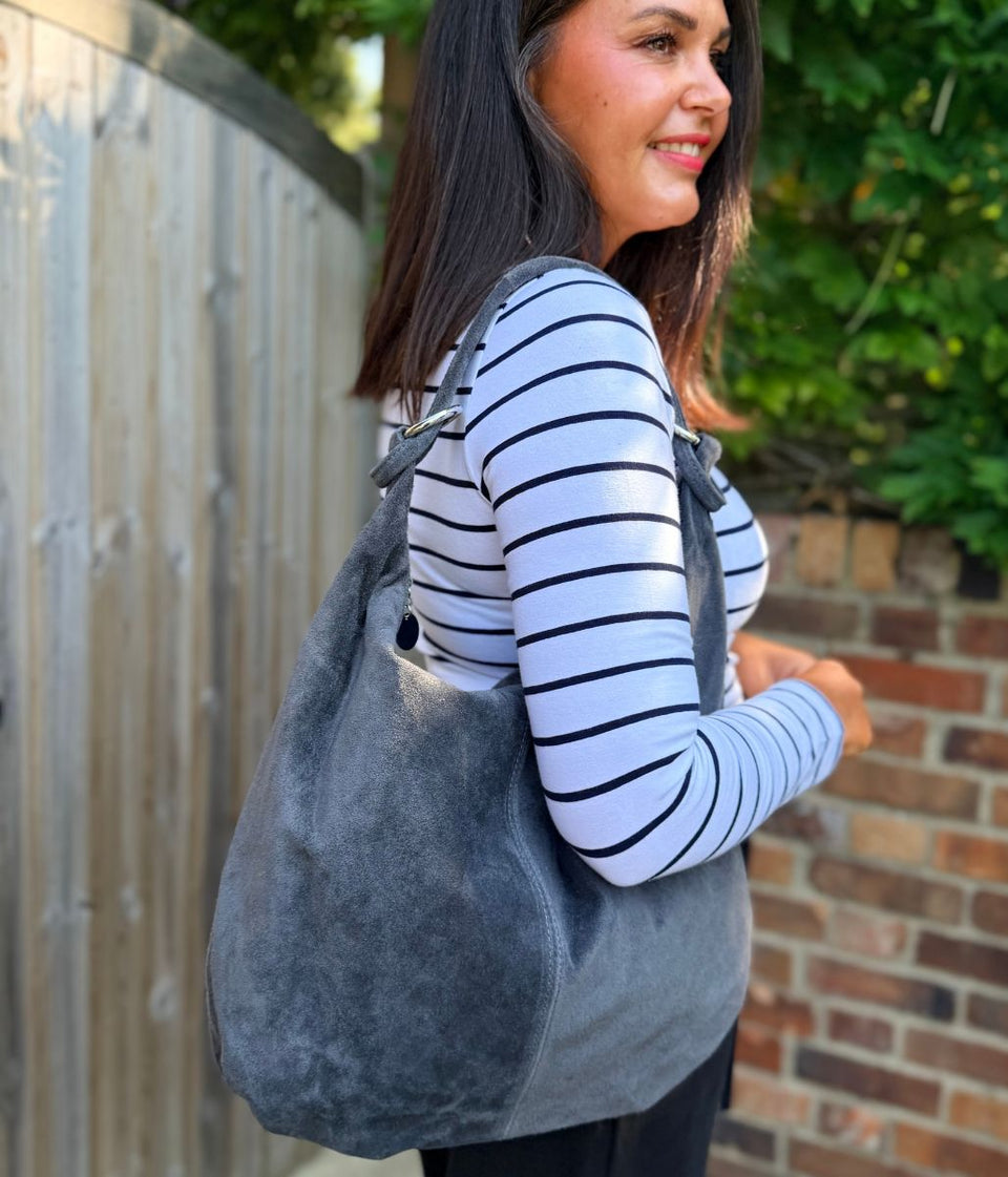 Grey Suede Willow Slouch Bag