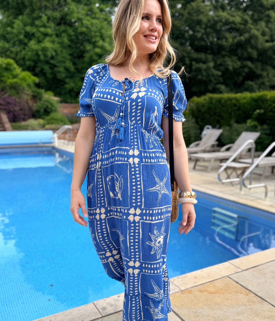 Blue Starfish Print Maxi Dress