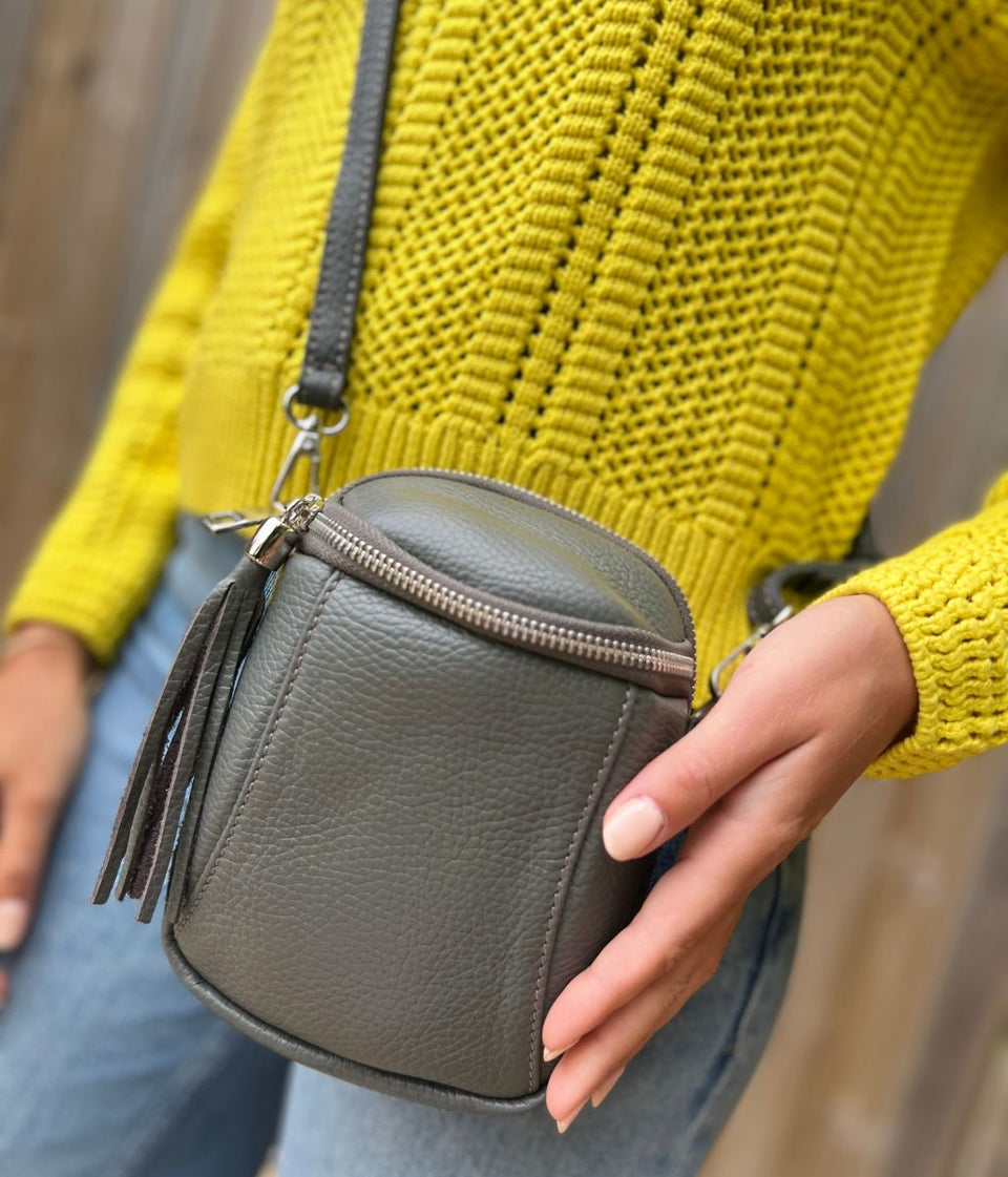 Genuine Grey Leather Crossbody Bag